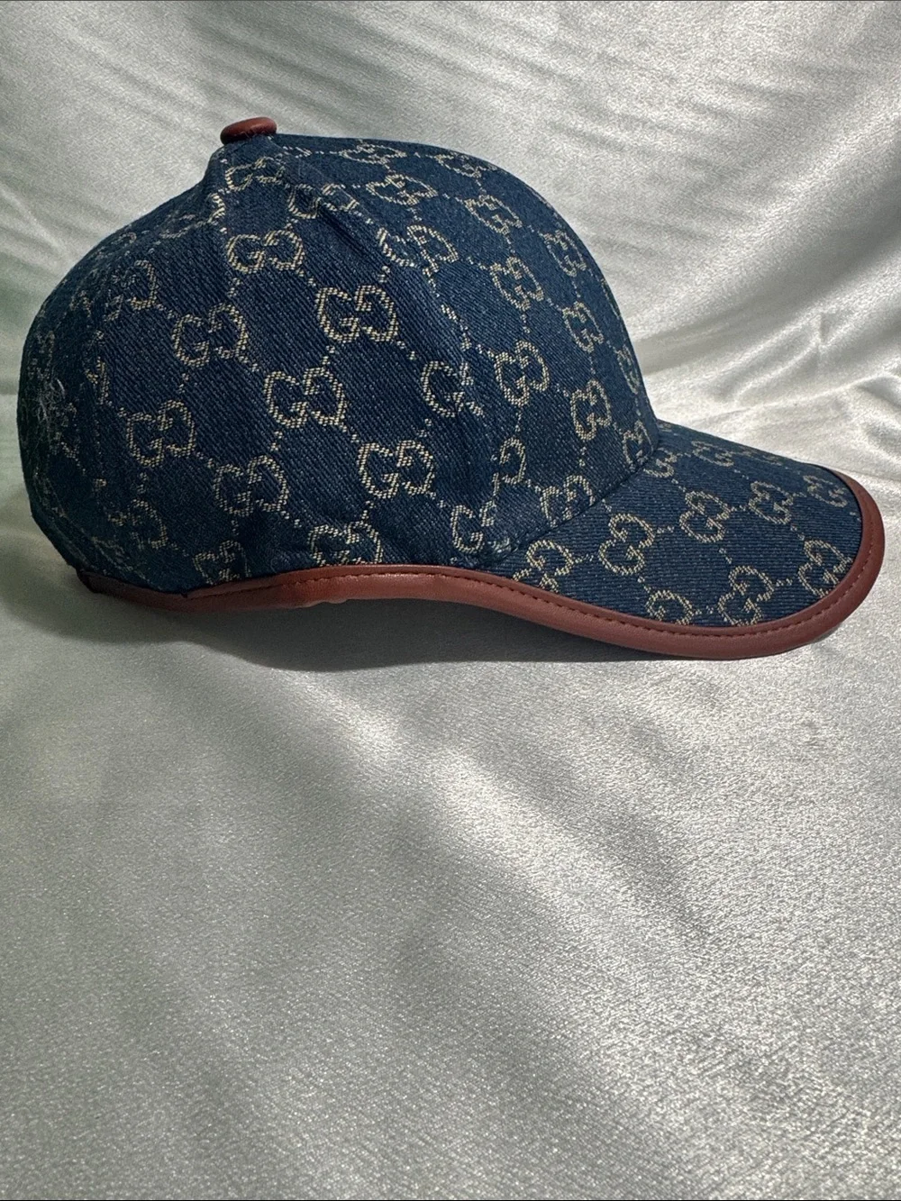 New!🔥Gucci Denim GG Monogram Cap in Dark Blue with Brown Trim!🔥